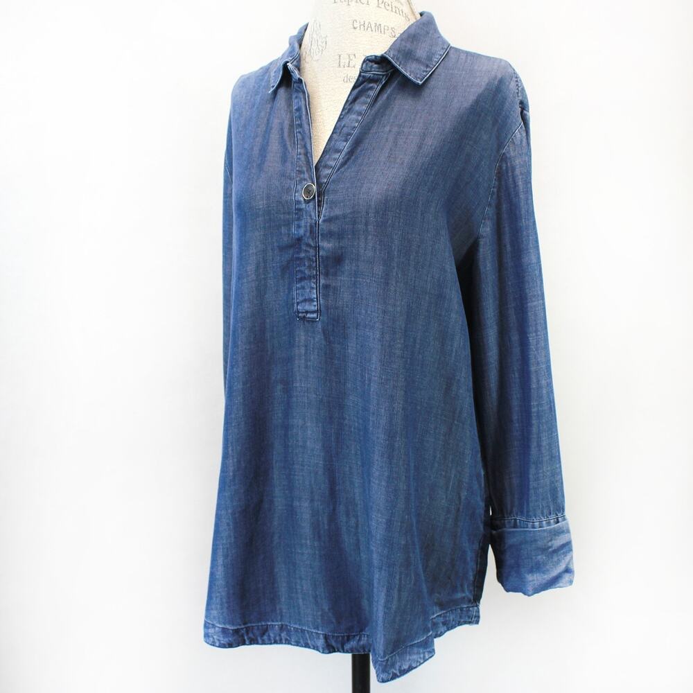 Chico's Women Tunic Shirt Denim Look Lyocell Relaxed Fit Long Sleeve Size 12/14